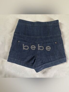 Bebe High Waisted Denim Shorts Size 9 Y2K Studded Logo Dark Wash Stretch